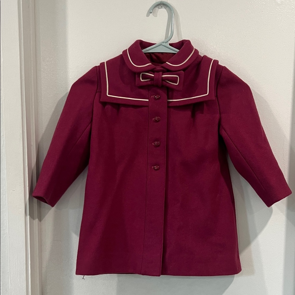 Charming Burgundy Kids Pea Coat with Bow 80% Wool Made in England
